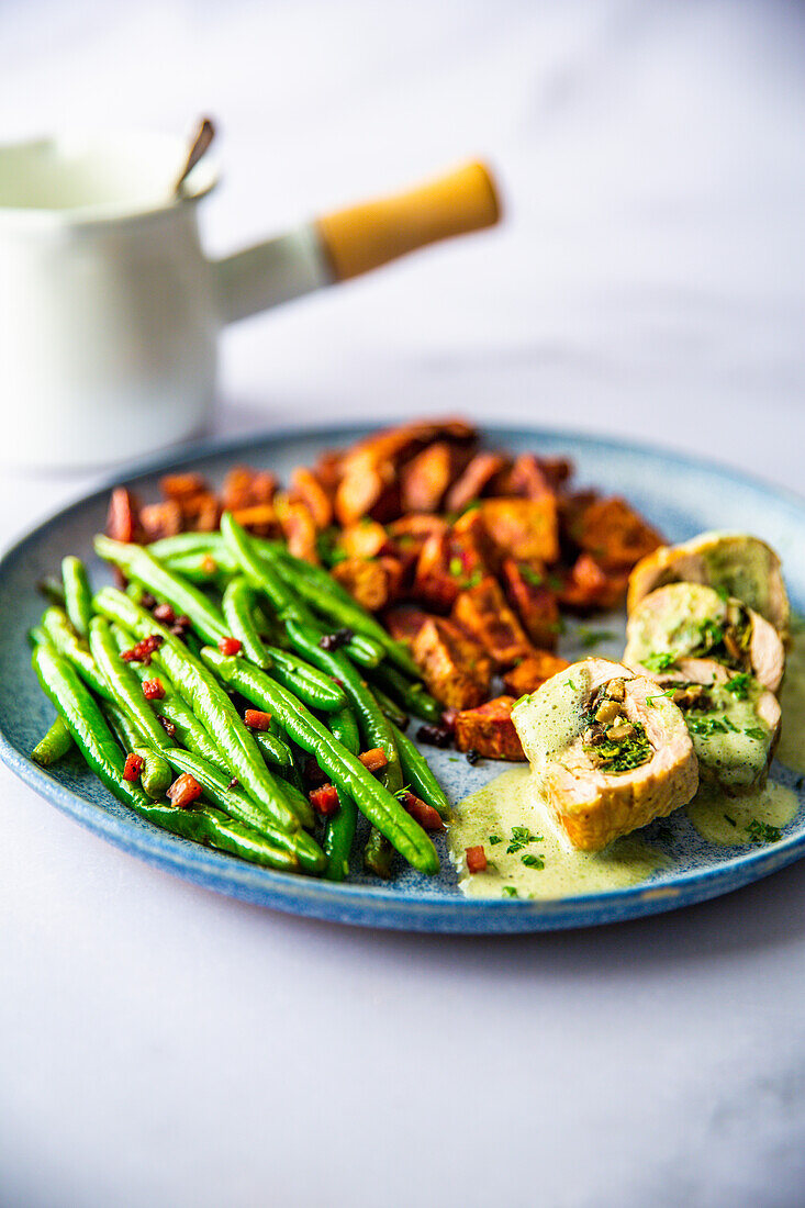 Turkey Involtini with Bacon Beans and Sweet Potatoes