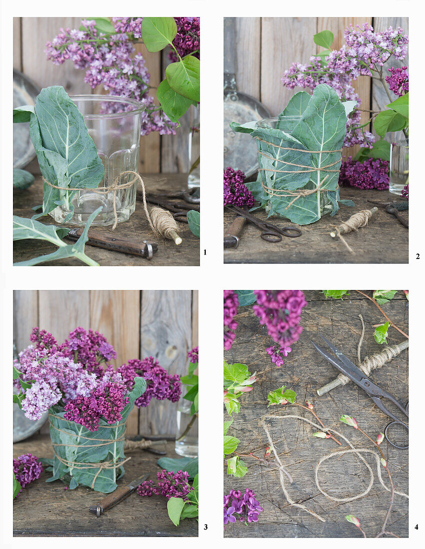 Bouquet of lilacs in a glass, covered with fresh kohlrabi leaves