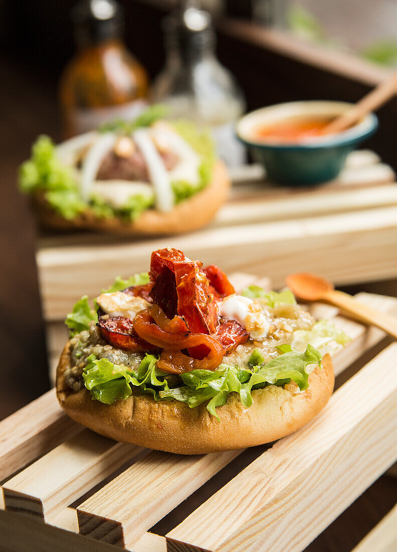 Burger with roasted red peppers