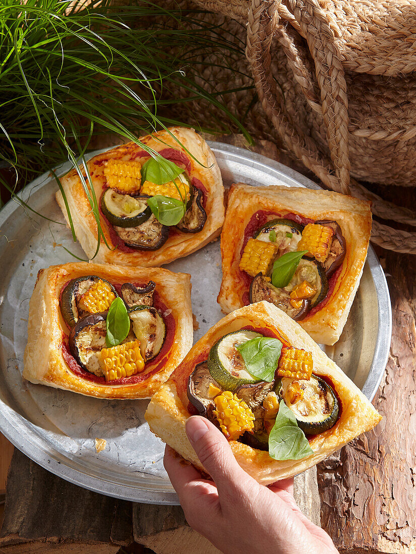 Pastry bowls with sweetcorn, eggplant and zucchini