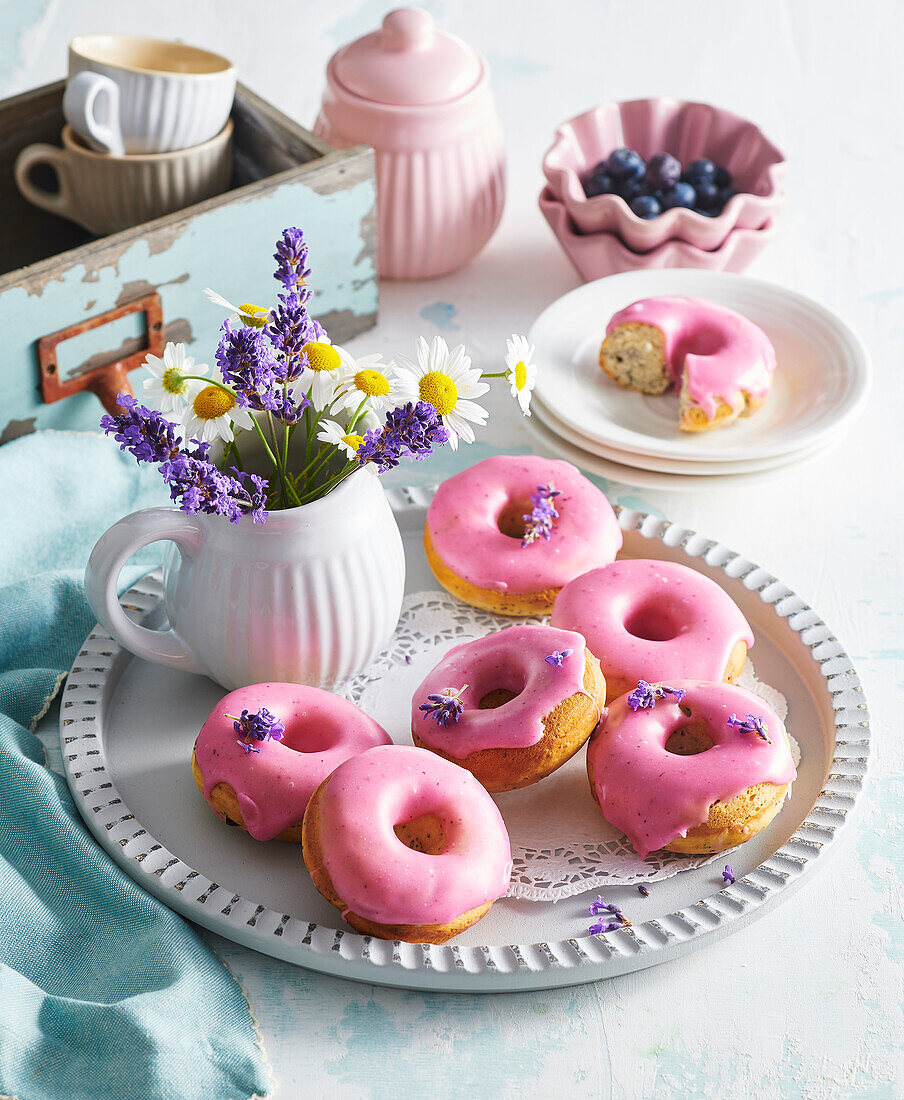 Baked donuts with blueberry and lavender glaze