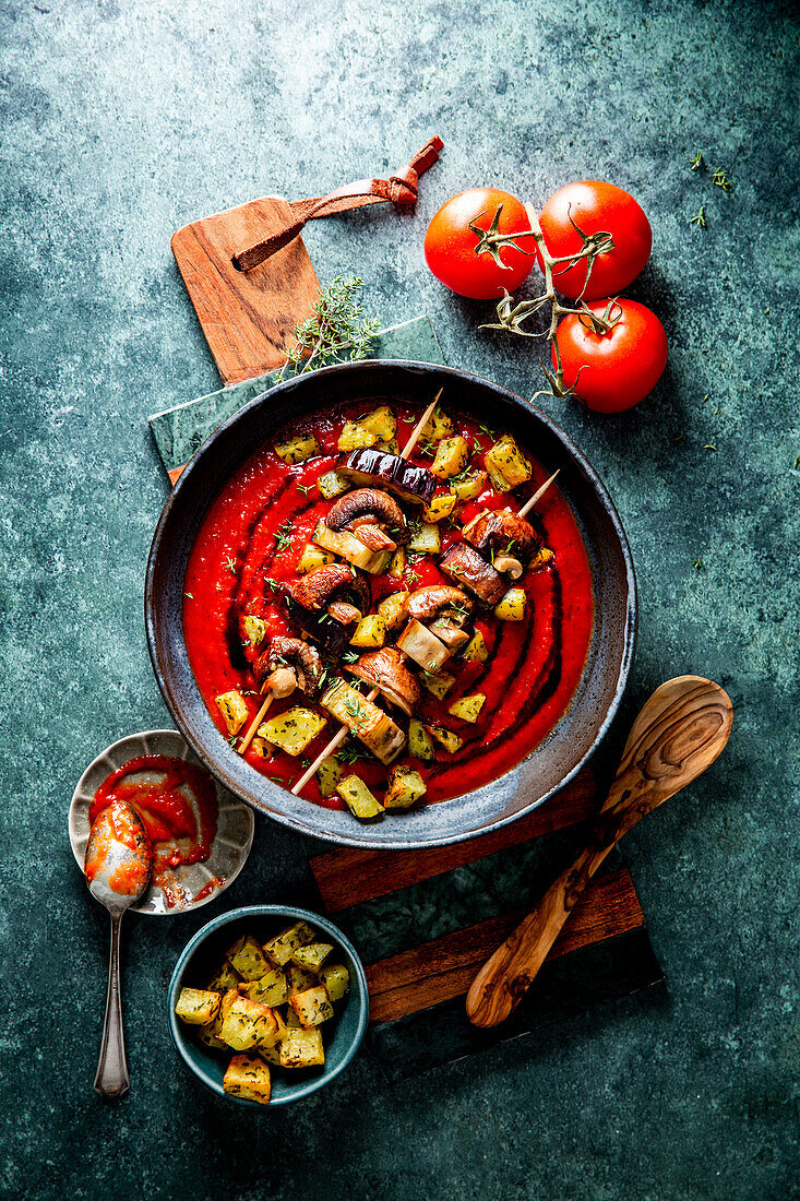 Eggplant and mushroom skewers with crispy potatoes and tomato sauce