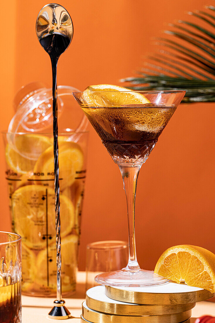 Negroni cocktail with orange slice