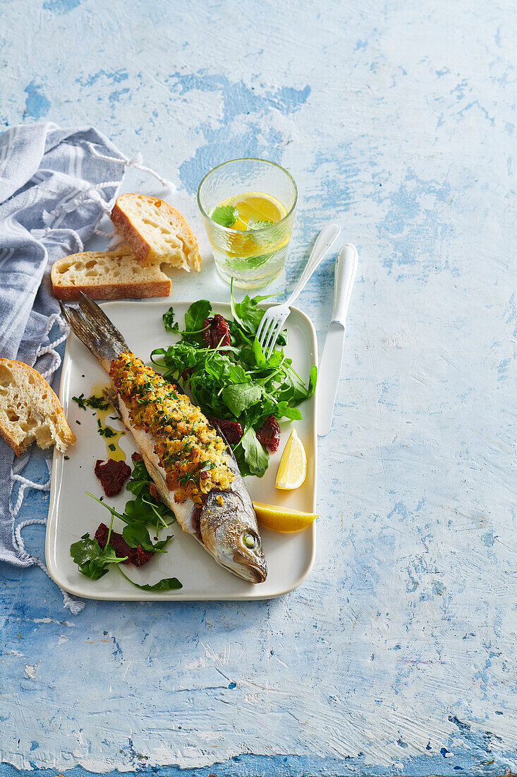 Grilled trout with herb breadcrumbs