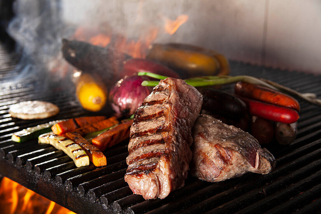 Beef tenderloin and vegetables on the grill