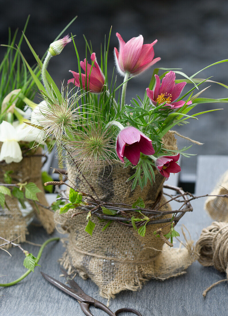 DIY vases made from jars with sackcloth and spring flowers, pasque flower (Pulsatilla)