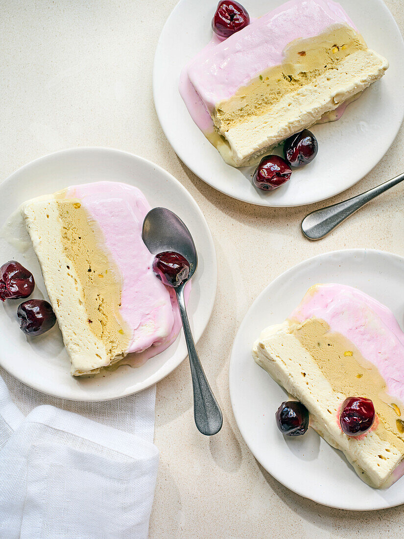 Neapolitan vanilla terrine with pistachio flavor