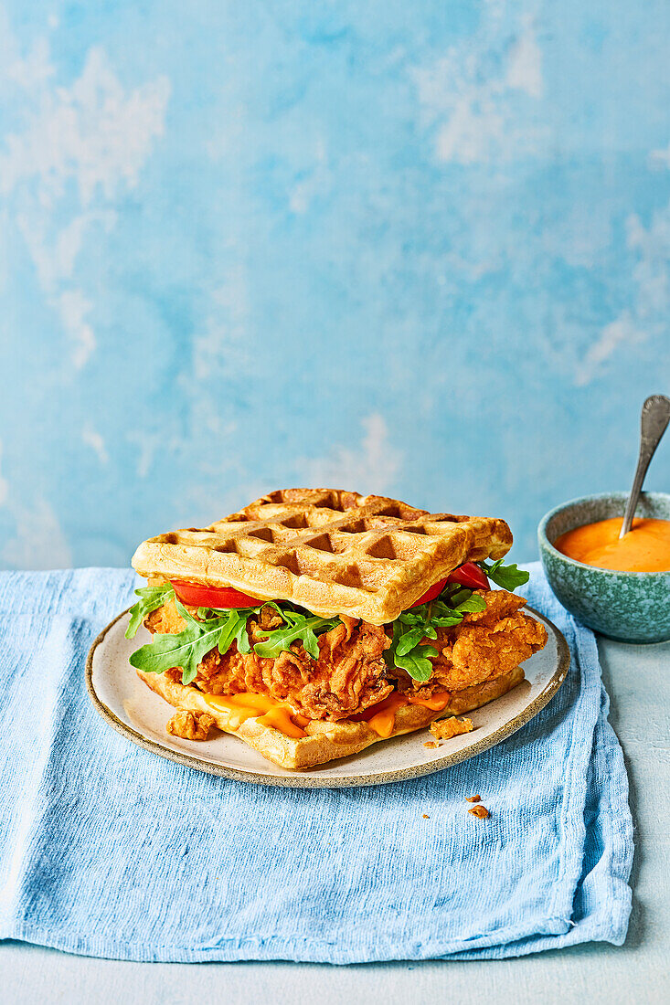 Waffle sandwich with fried chicken
