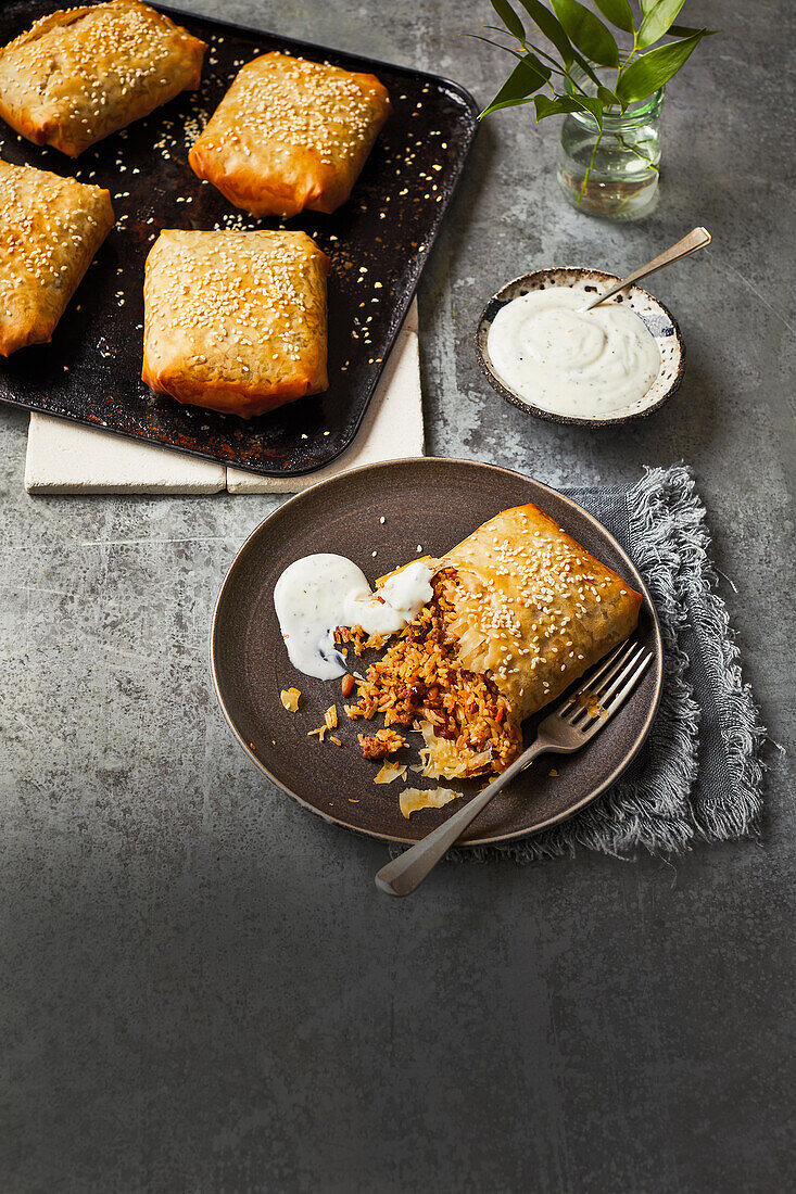 Nutty lamb and rice parcels