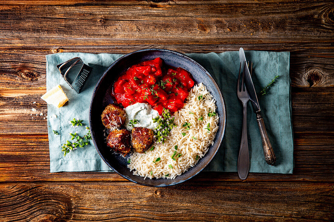Meatballs with ricotta, peppers and thyme ragout and rice