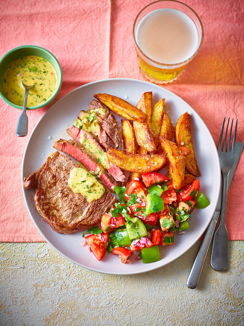 Steak with jalapeño tomato salsa and potato wedges