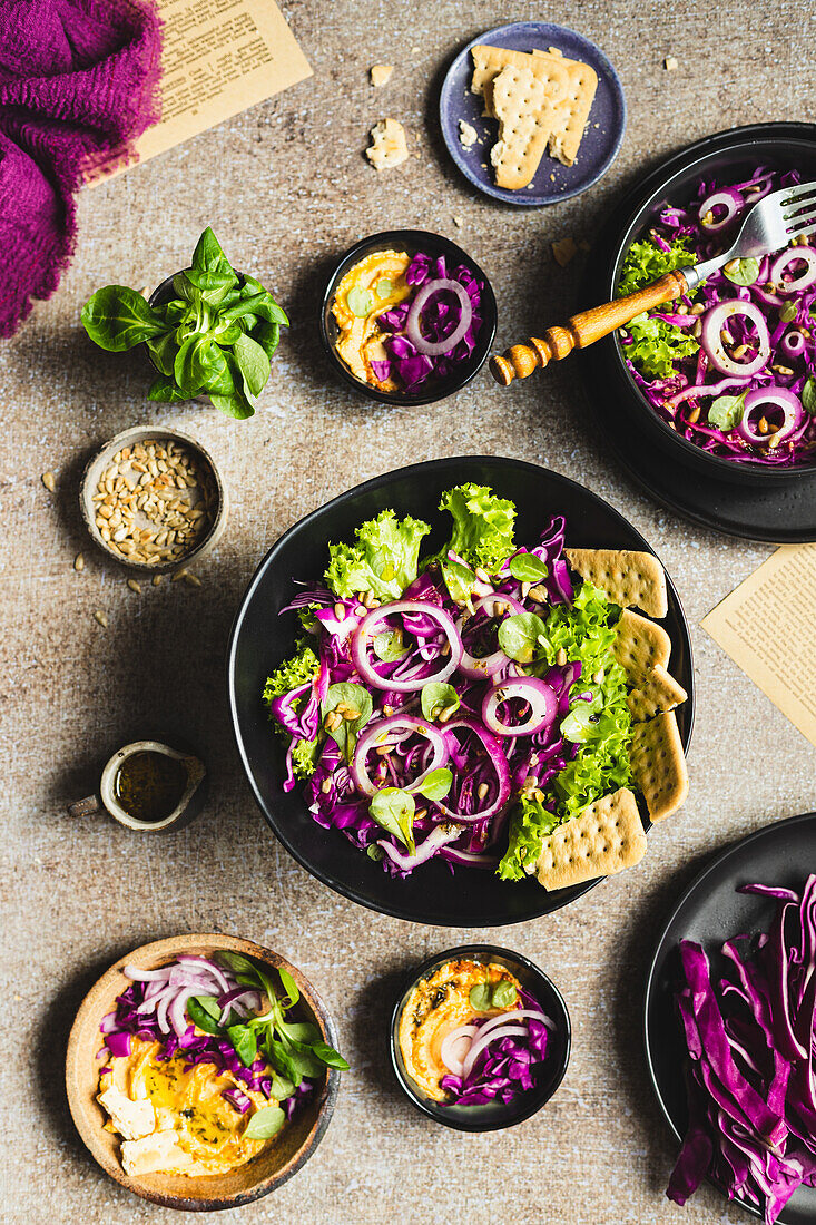 Hummus with red cabbage salad