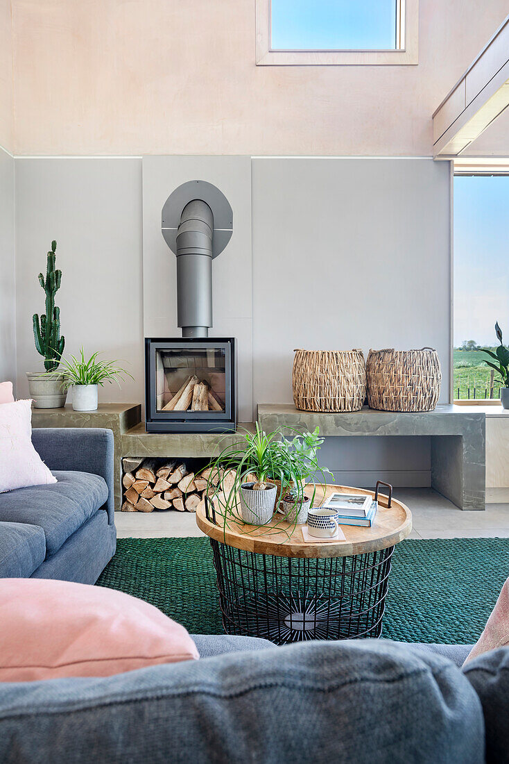 Modern living room with wood-burning stove and house plants, round coffee table with plants and books