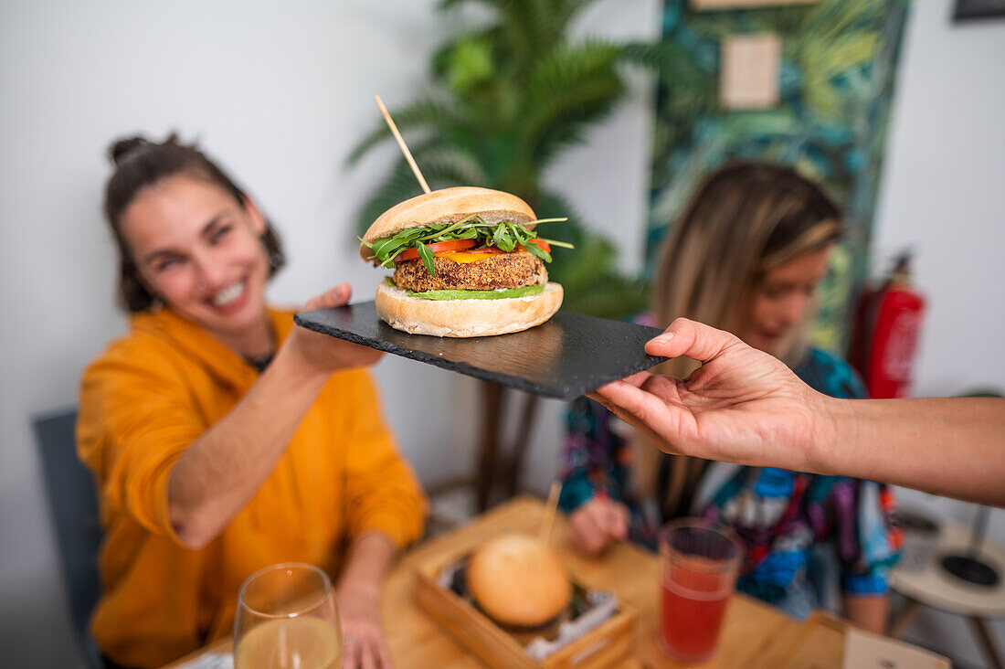 Hamburger served in a restaurant