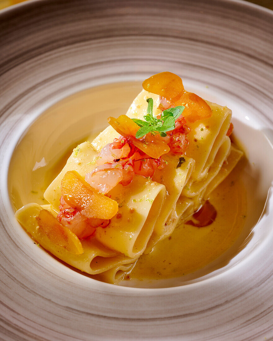 Paccheri pasta with bottarge and shrimp