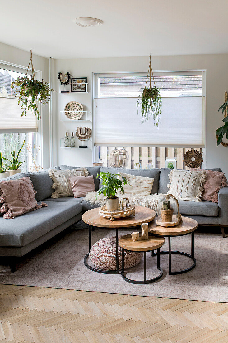 Light-coloured living room with hanging plants and round coffee tables