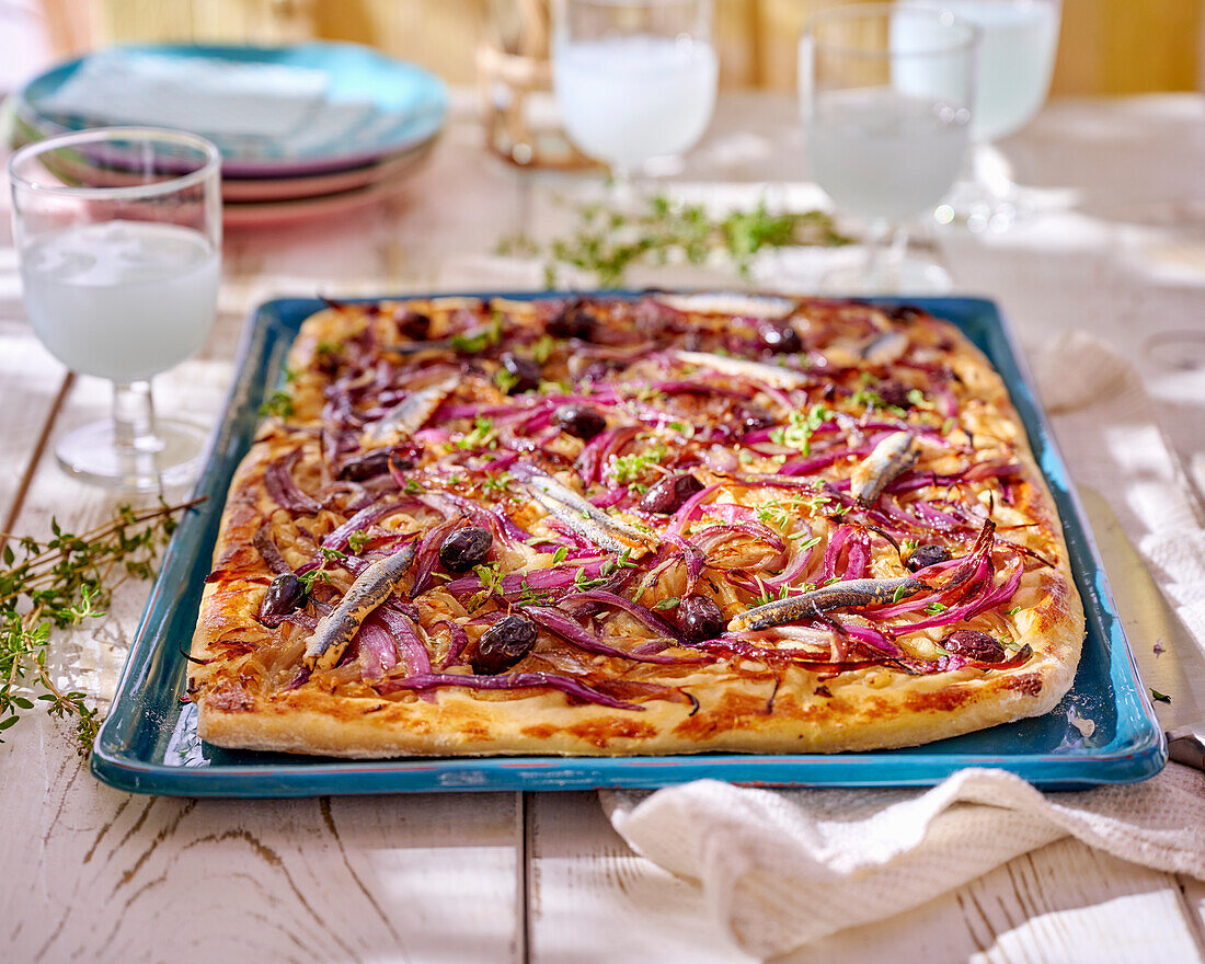 Pissaladiere with red onions and anchovies (France)