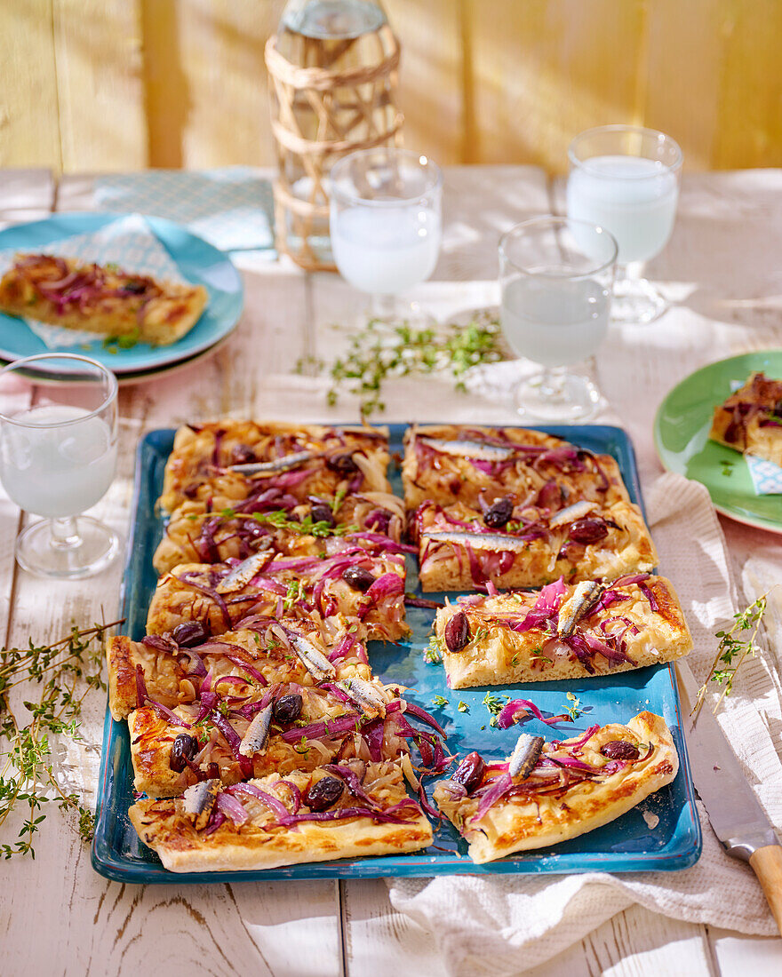 Pissaladiere with red onions and anchovies (France)