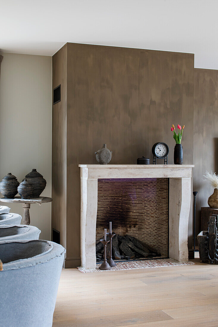 Living room with classic fireplace and brown wall colour