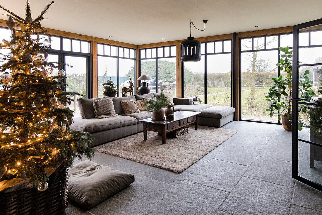 Geräumiges Wohnzimmer mit Weihnachtsbaum und großflächigen Fensterfronten