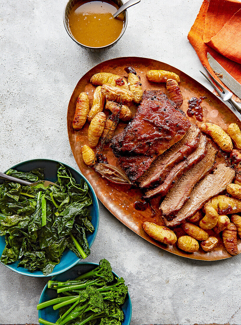 Quince-glazed brisket with roasted potatoes