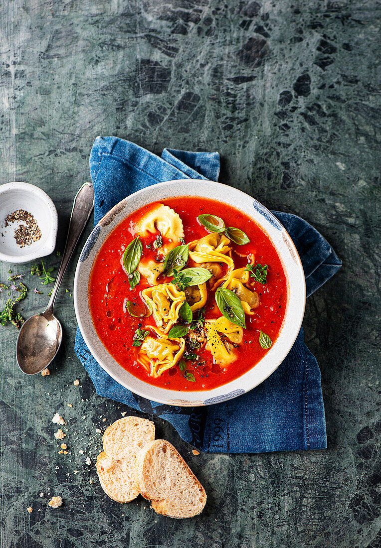 Creamy vegan tomato soup with ravioli