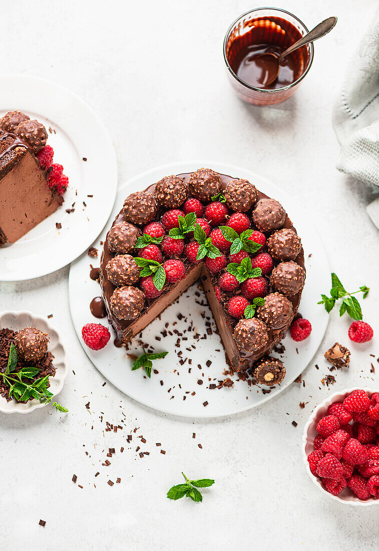 Ferrero Rocher cheesecake with raspberries