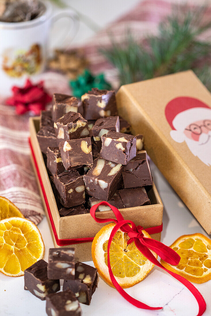 Christmas fudge with marzipan and walnuts