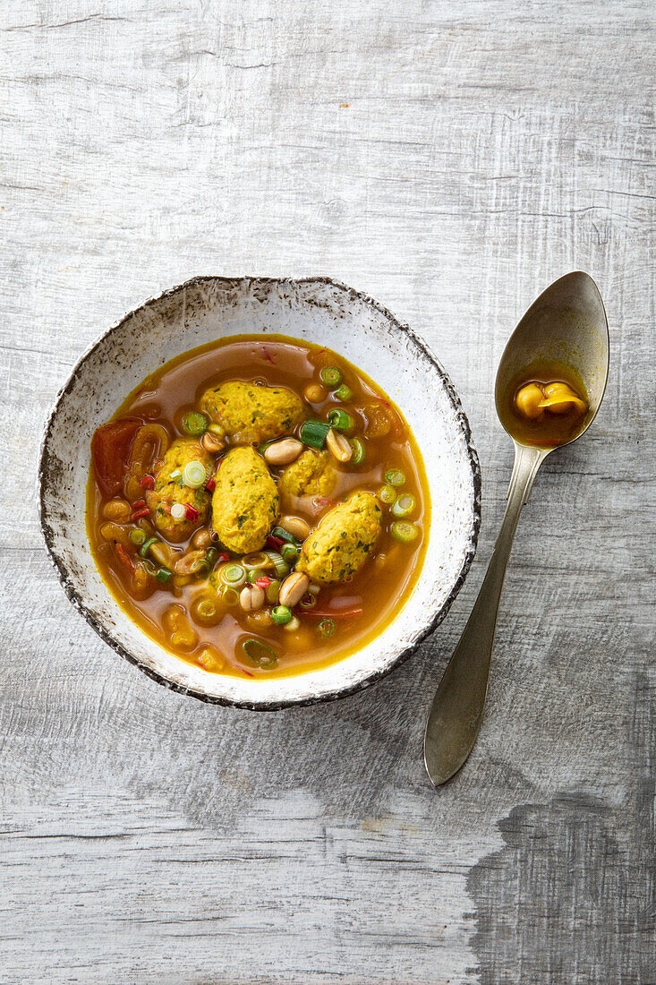 Persian chicken soup with ghondi dumplings, chickpeas and saffron