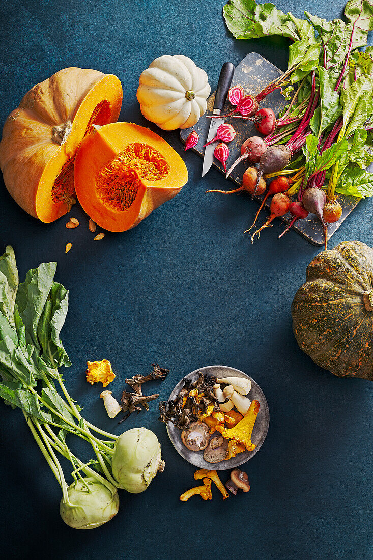 Autumn ingredients - pumpkin, beetroot, kohlrabi, mushrooms