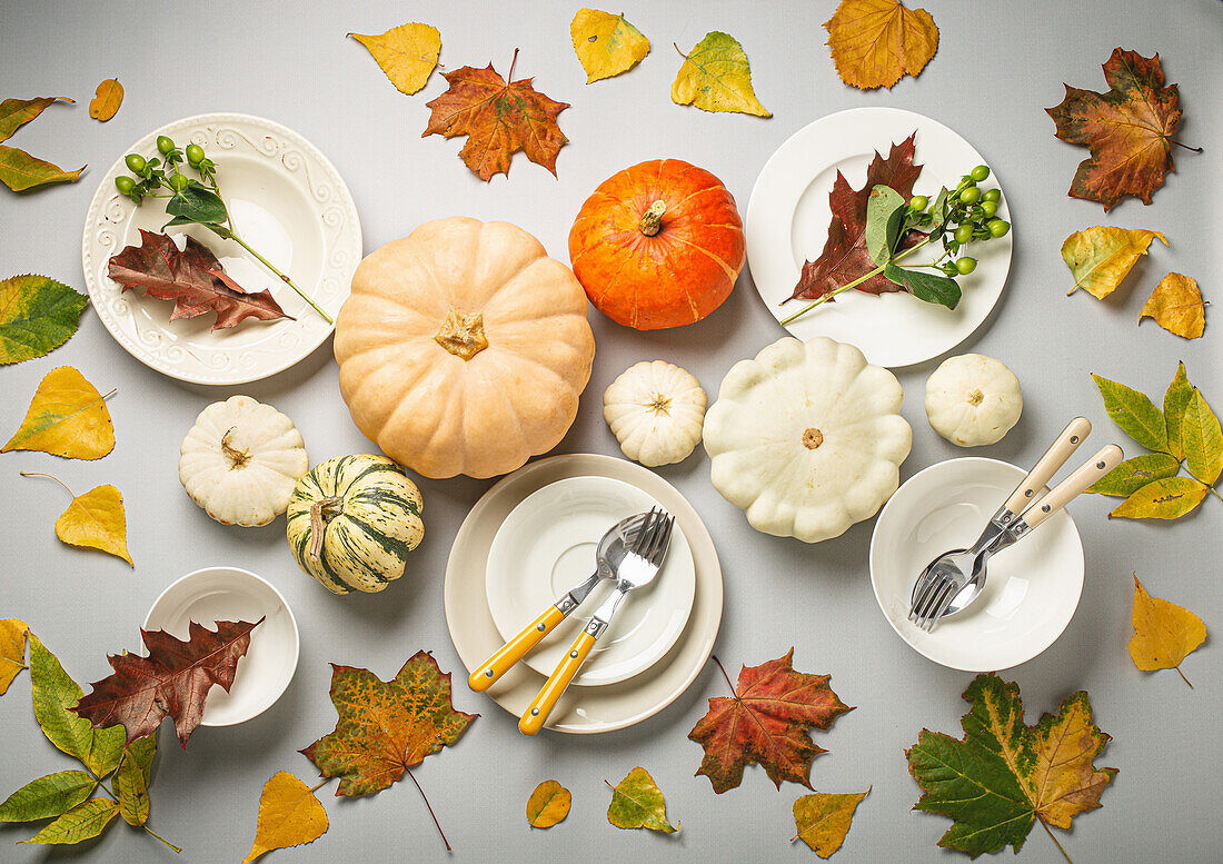 Verschiedene bunte Kürbisse, Herbstblätter und leere Teller mit Besteck zum Erntedankfest