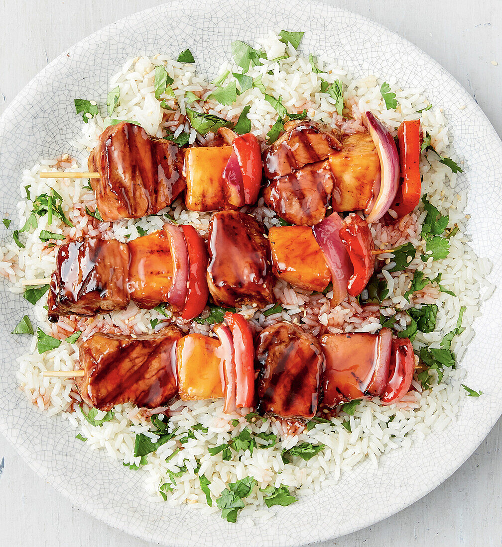 Pineapple pork fillet skewers with char siu sauce