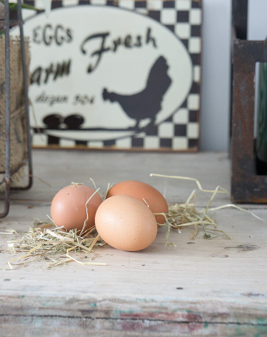 Fresh eggs with hay