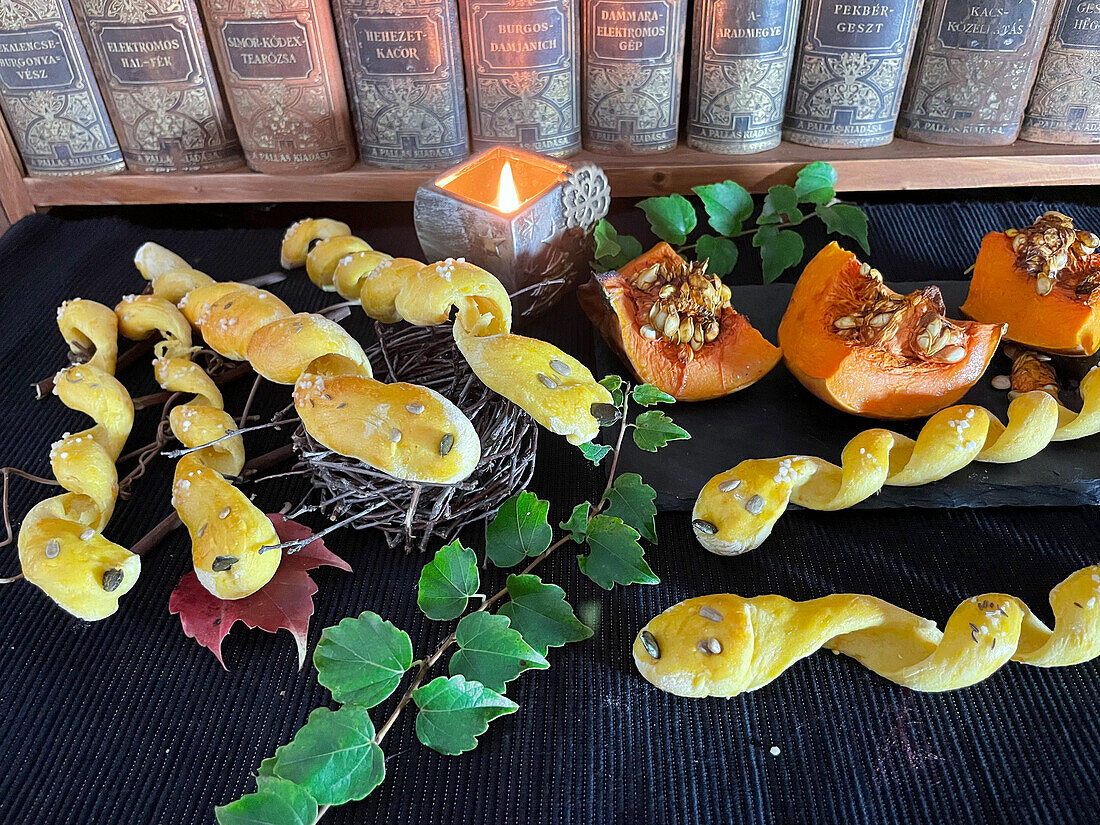 Snake-shaped pretzel sticks for Halloween