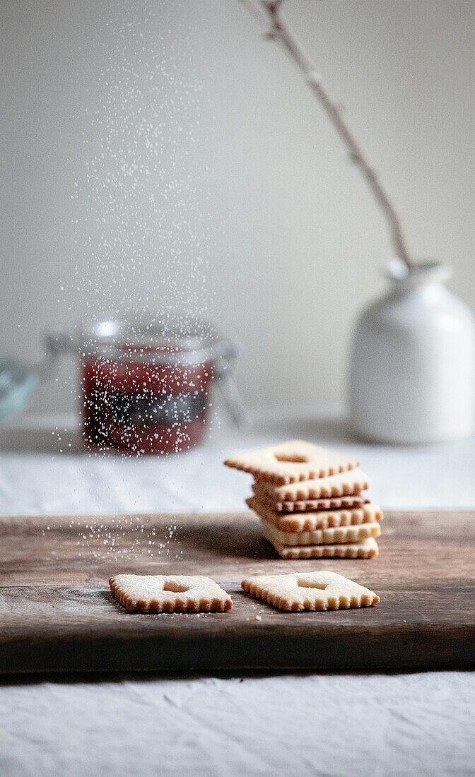 Linzer biscuits with powdered sugar