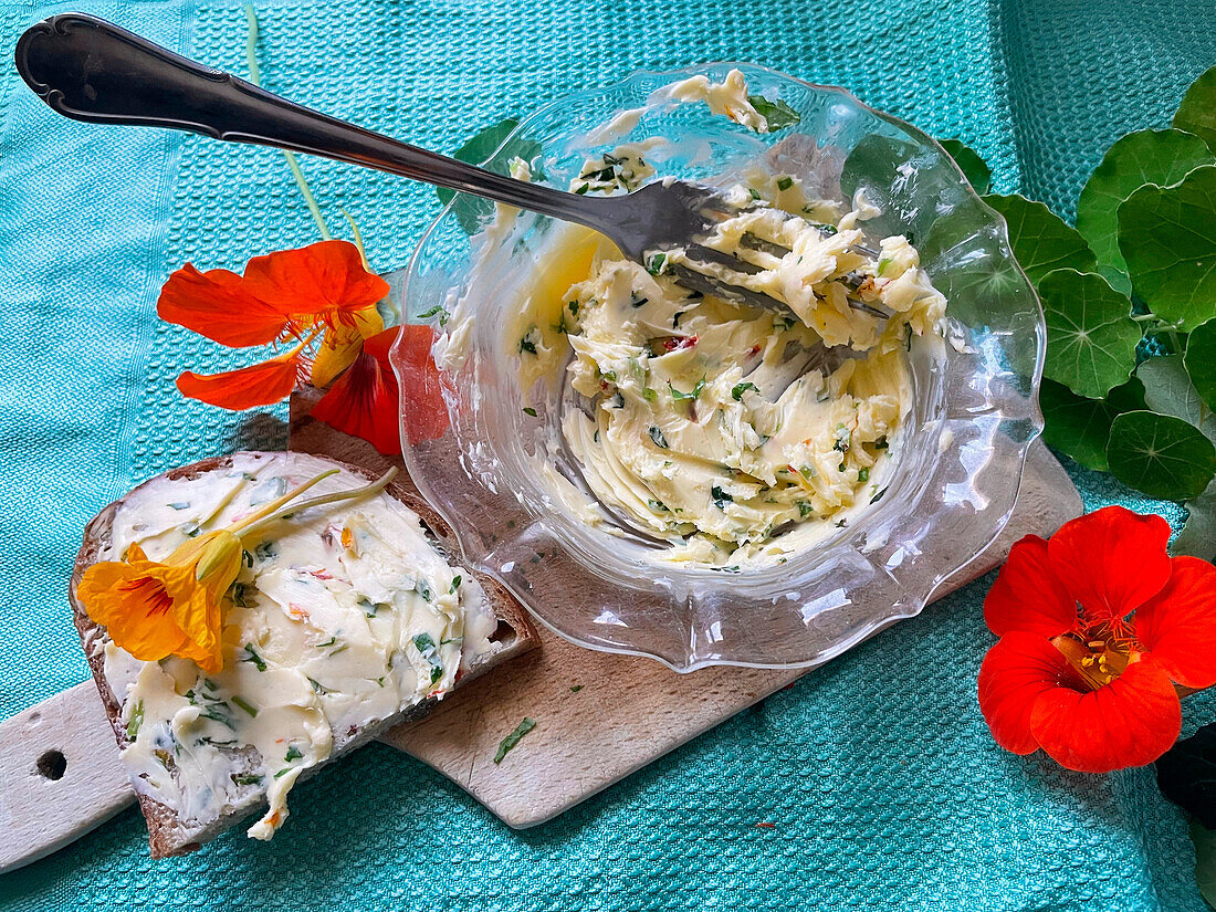 Herb butter with nasturtium flowers