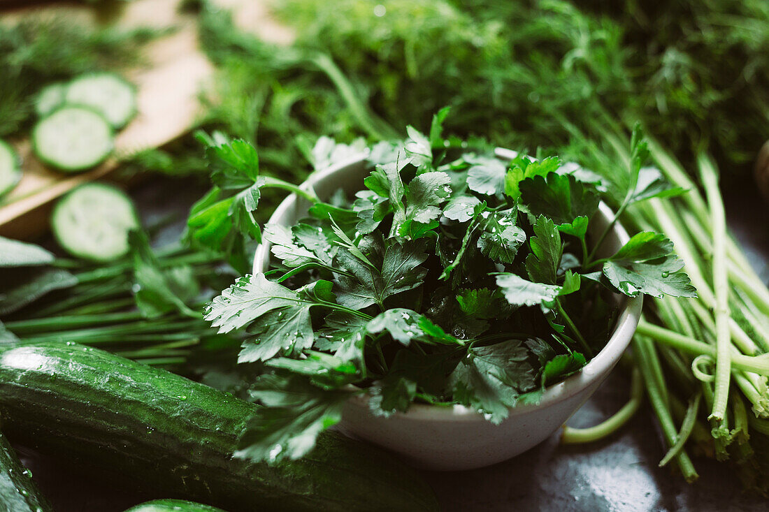 Fresh herbs and cucumber