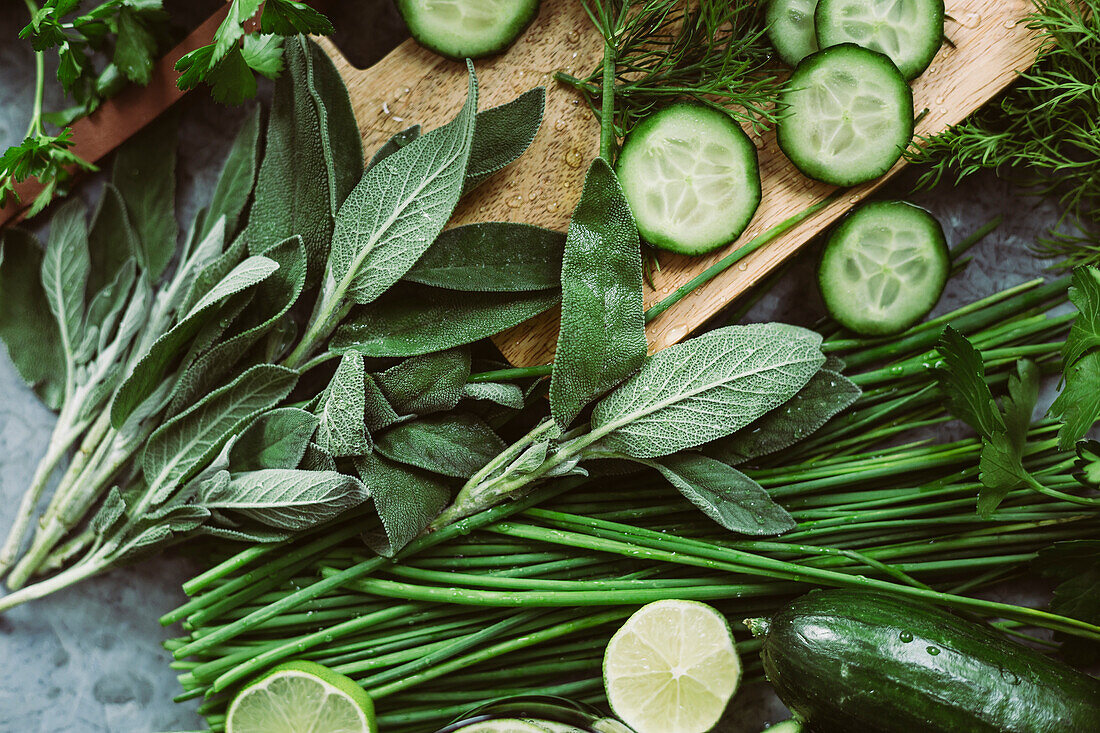 Fresh herbs, cucumber and lime