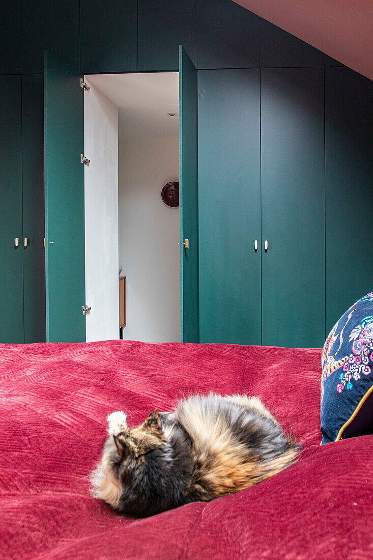 Bedroom with dark green fitted wardrobes and cat on red bedspread