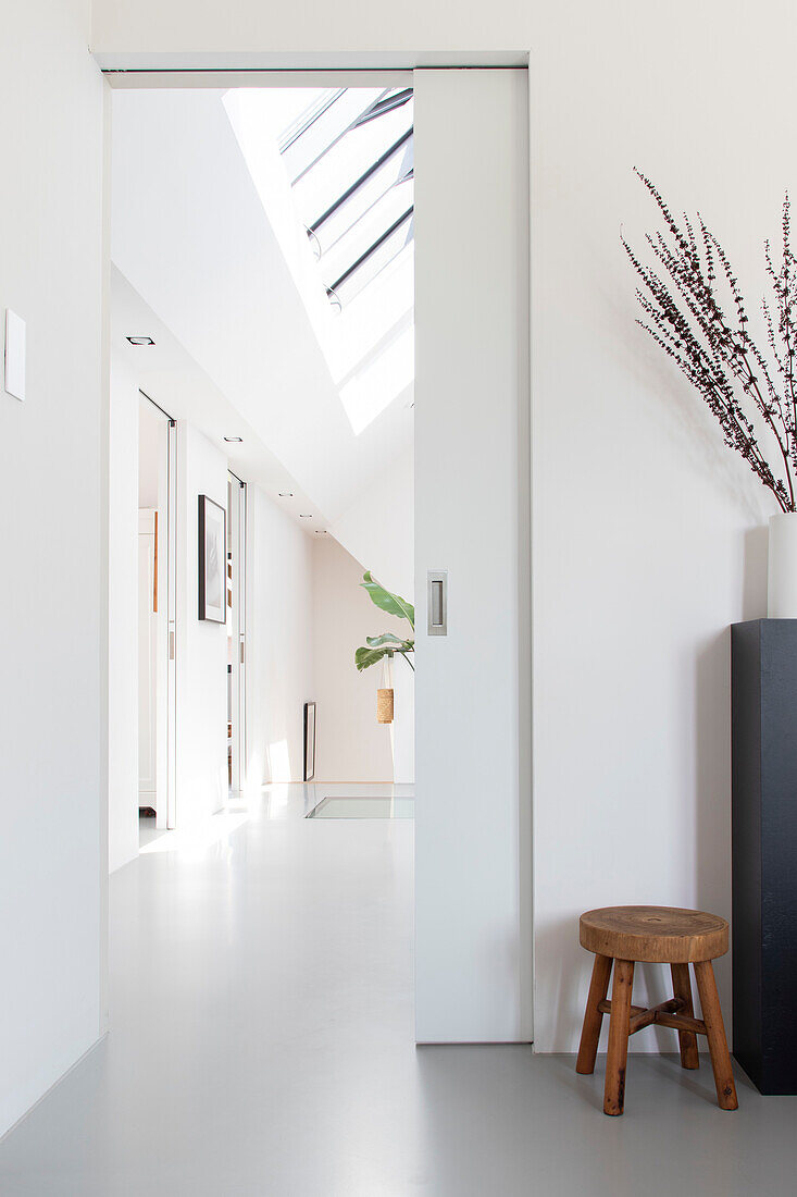 View through sliding door into hallway with white walls and skylights