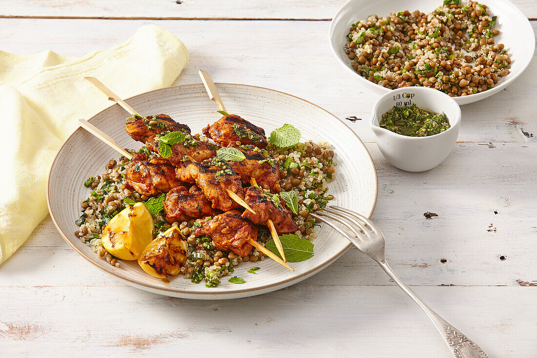 Chimichurri chicken skewers with quinoa salad