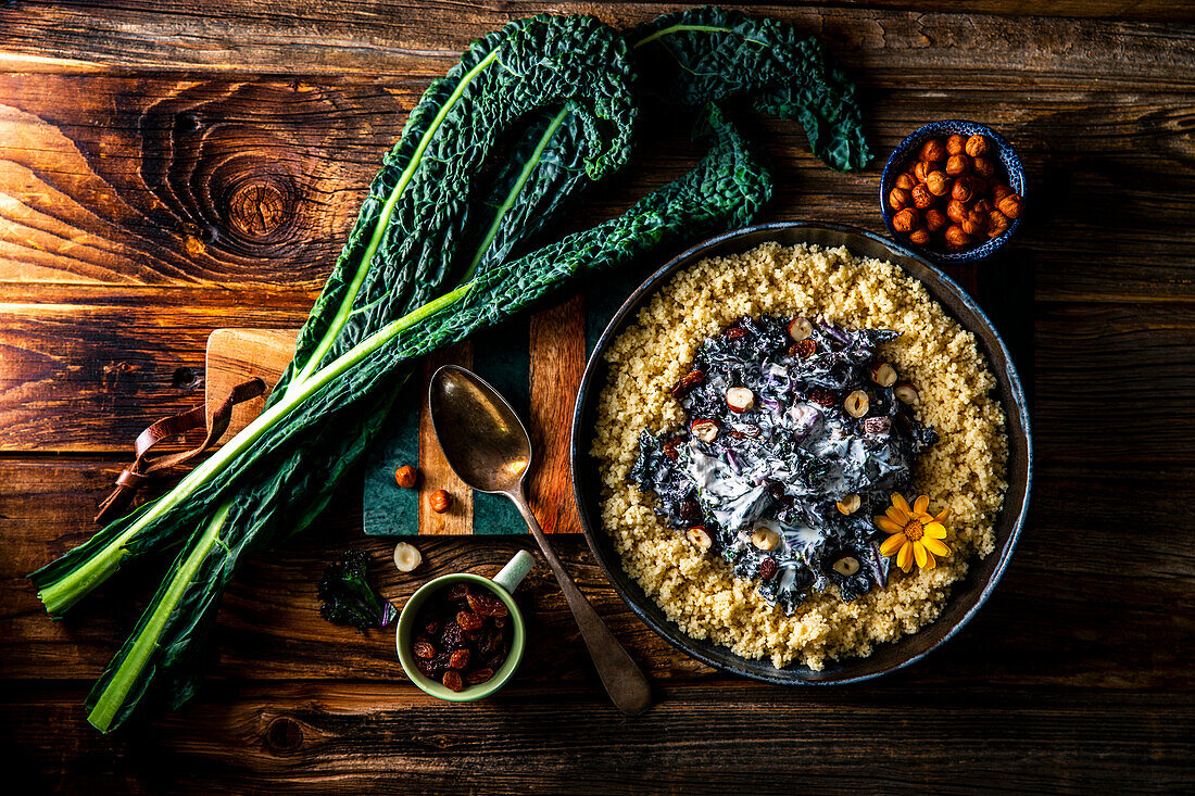 Oriental kale with butter couscous and hazelnuts