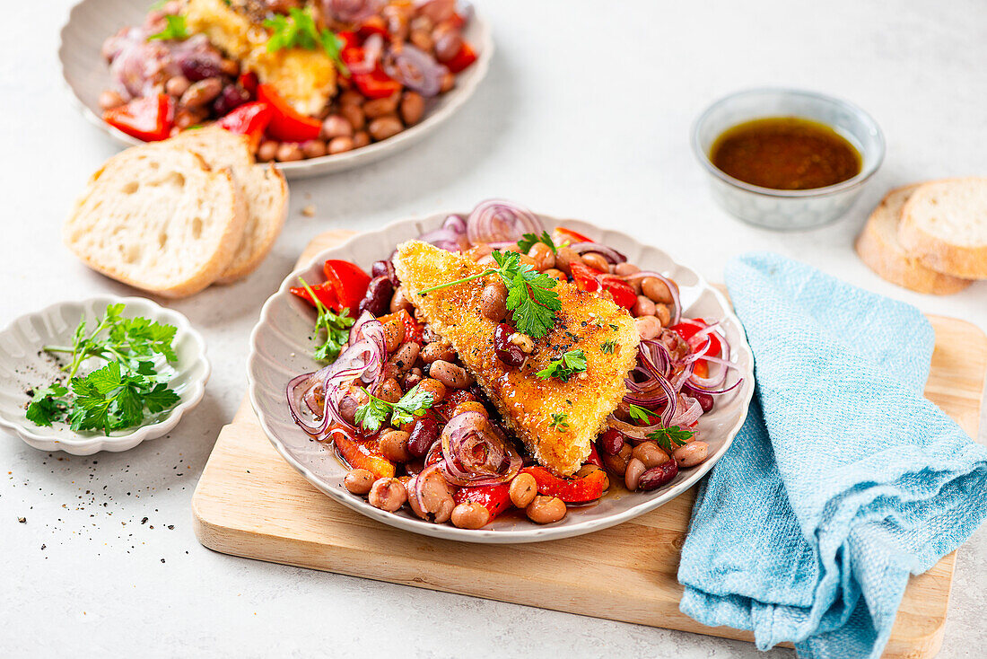 Crispy feta with Greek-style beans