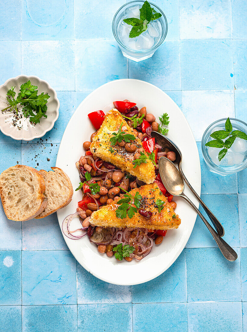 Crispy feta with Greek-style beans