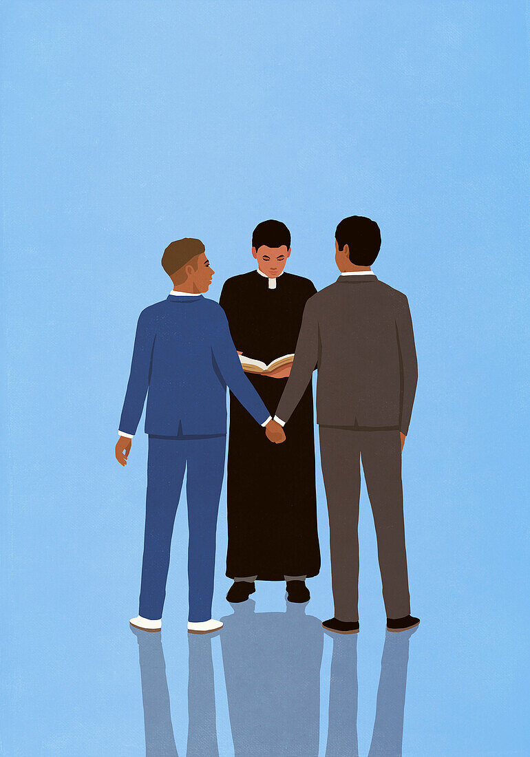 Priest marrying gay male couple holding hands on blue background\n