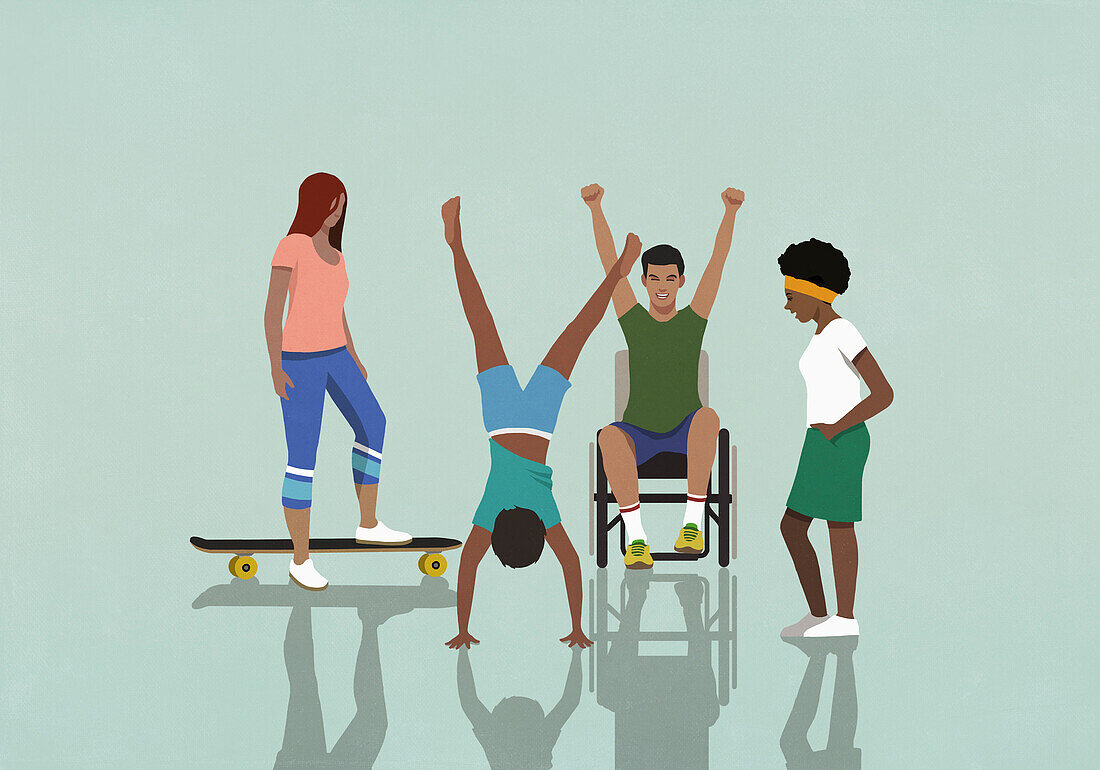 Energetic community in wheelchair and with skateboard playing\n