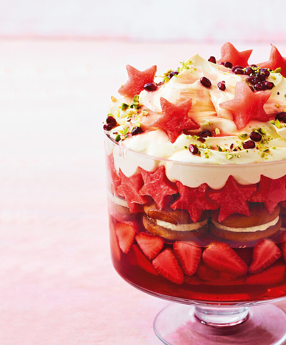 Rosé watermelon trifle with ginger biscuits