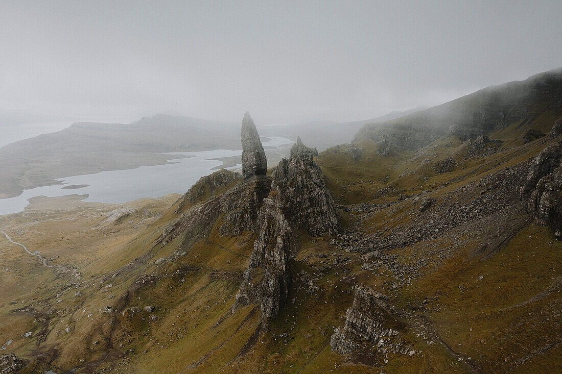 Rock formation in rugged mountain landscape, Old Man of Storr, Isle of Skye, Scotland\n