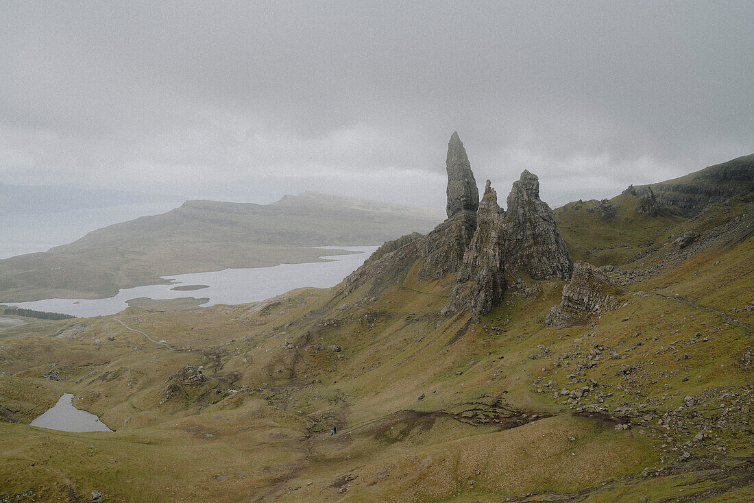 Rock formation in tranquil, remote mountain landscape, Old Man of Storr, Isle of Skye, Scotland\n
