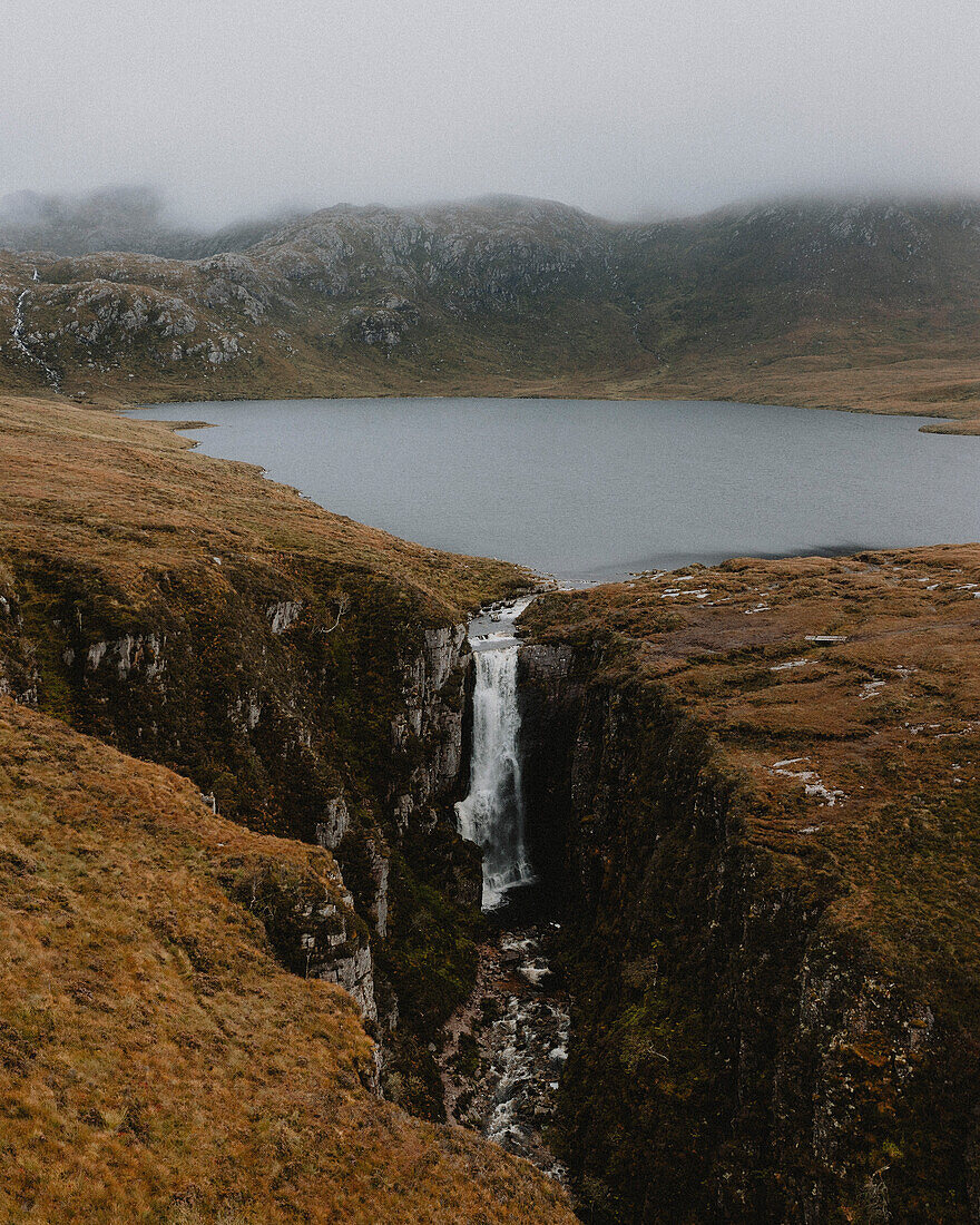 Scenic view mountain waterfall, Assynt, Sutherland, Scotland\n